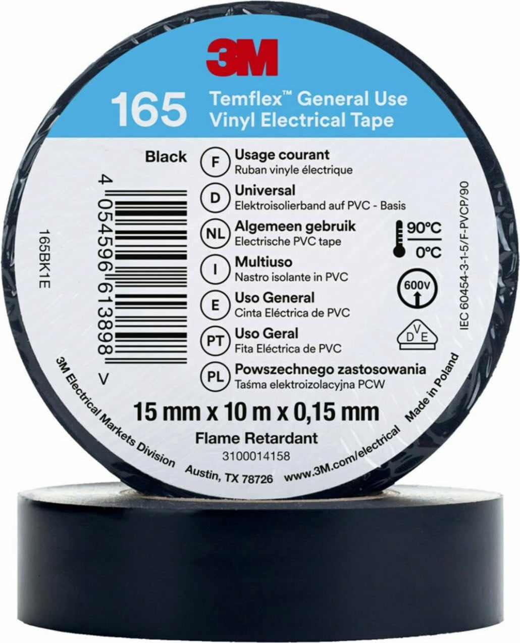 Виниловая изолента 3M™ Temflex™ 165 Черная (Замена Temflex 1500)